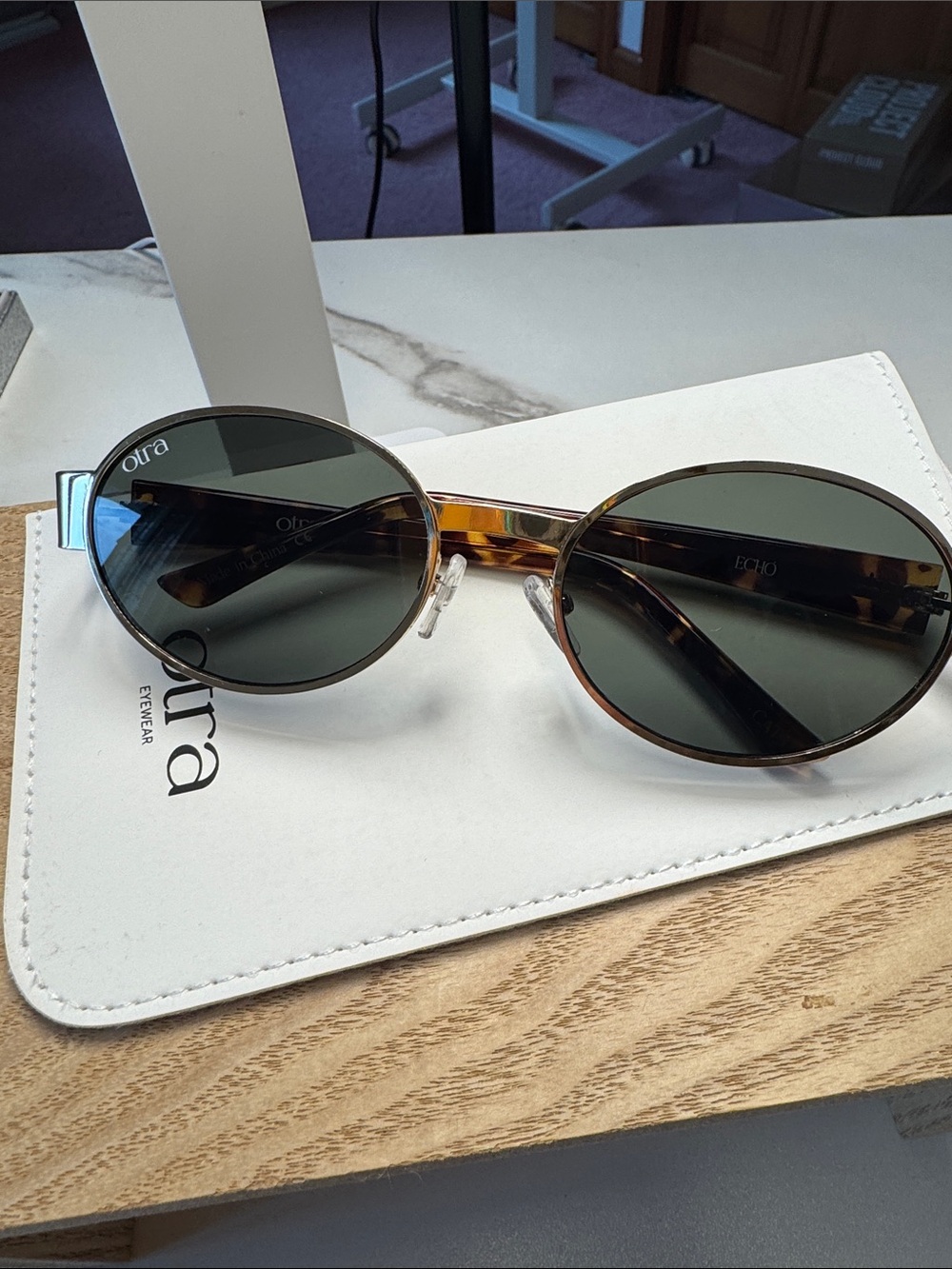 Otra Tortoiseshell Oval Sunglasses with Dark Green Lenses